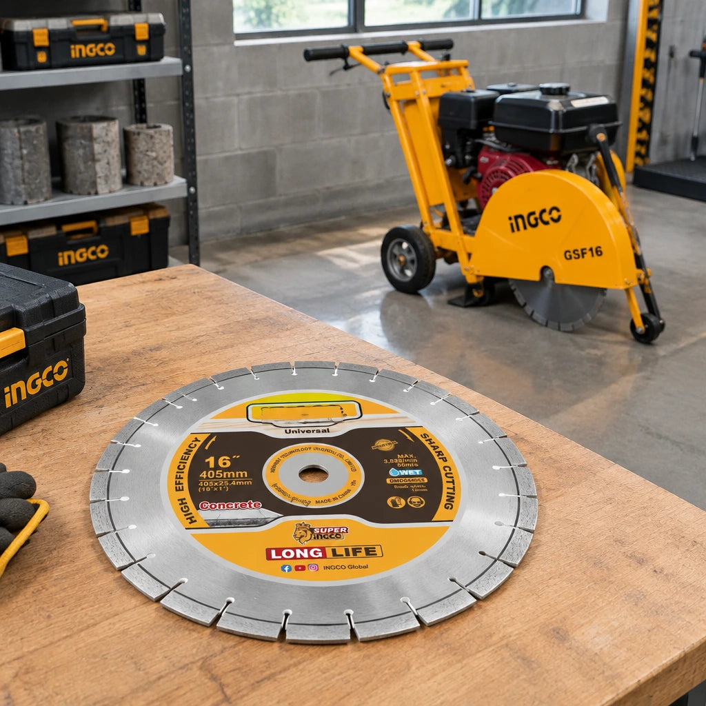 Ingco 405mm diamond floor-saw disc resting beside a compatible concrete-cutting floor saw in an organised equipment bay