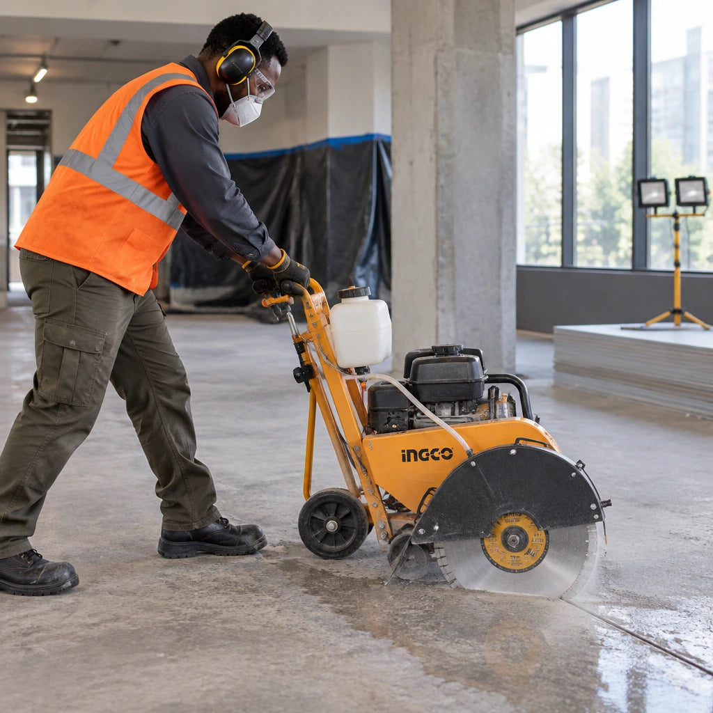African American concrete-cutting operator guides a compatible Ingco floor saw fitted with the 405mm DMD044053 diamond disc through a marked slab