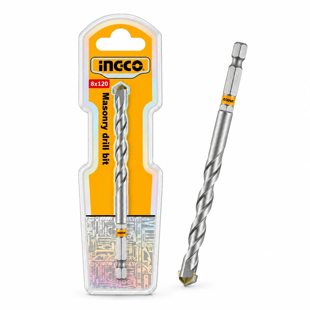 Ingco 8mm and 10mm 120mm hex-shank carbide masonry drill bits with branded 8mm blister packaging on white background