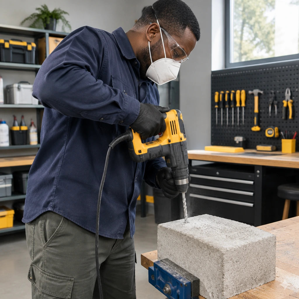 Facilities technician drills a marked concrete hole with an Ingco SDS Plus masonry bit in a rotary hammer