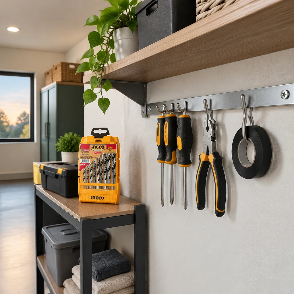 Finished metal utility rail in a contemporary utility room with the Ingco AKD1095 drill bit case nearby.