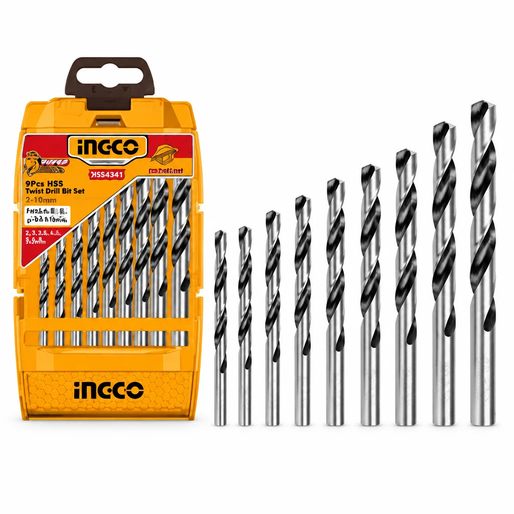 Ingco AKD1095 nine-piece HSS twist drill bit set with orange storage box on a white background.