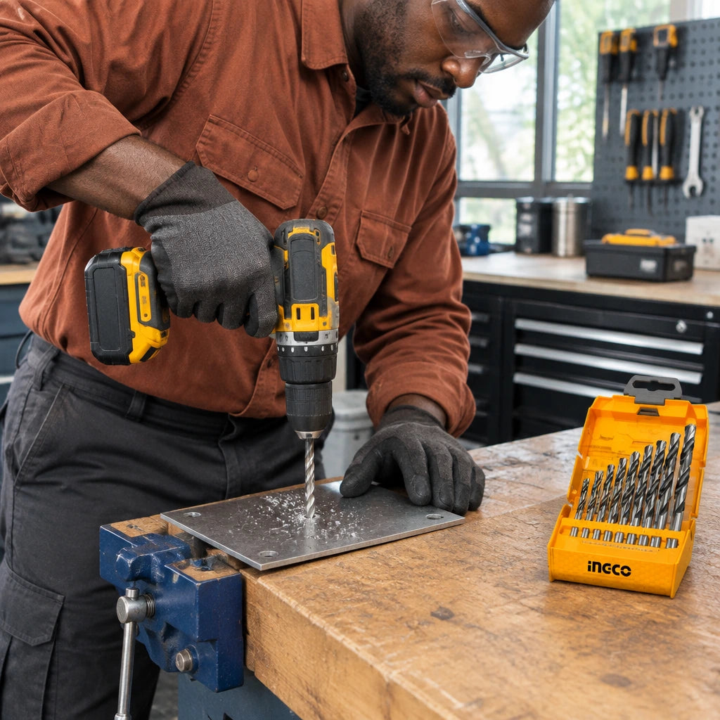 Maintenance technician drills a marked hole in thin steel with an Ingco AKD1095 HSS bit selected from its orange case.