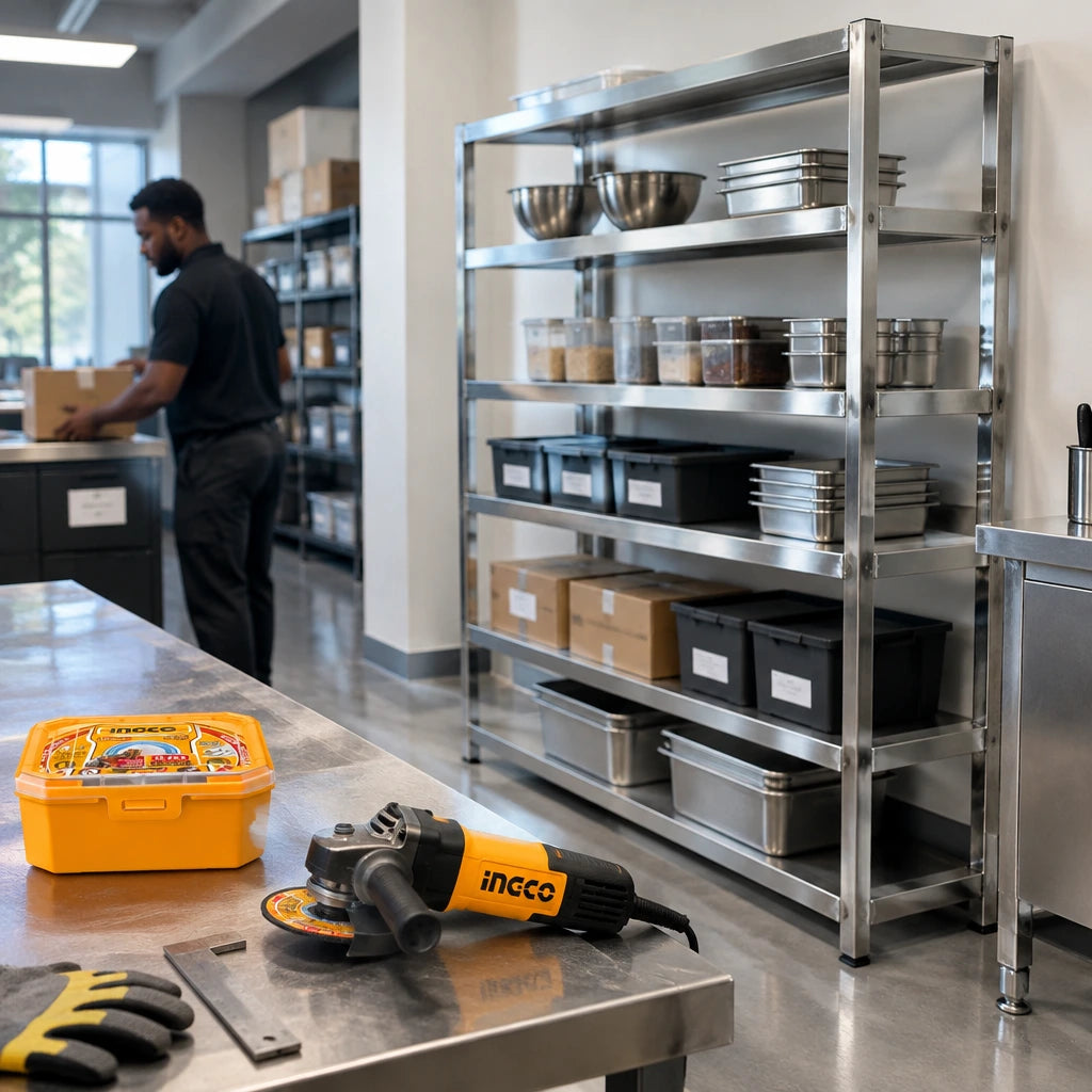Finished stainless-steel storage frame in a commercial backroom with an inactive angle grinder and Ingco cutting disc pack nearby.