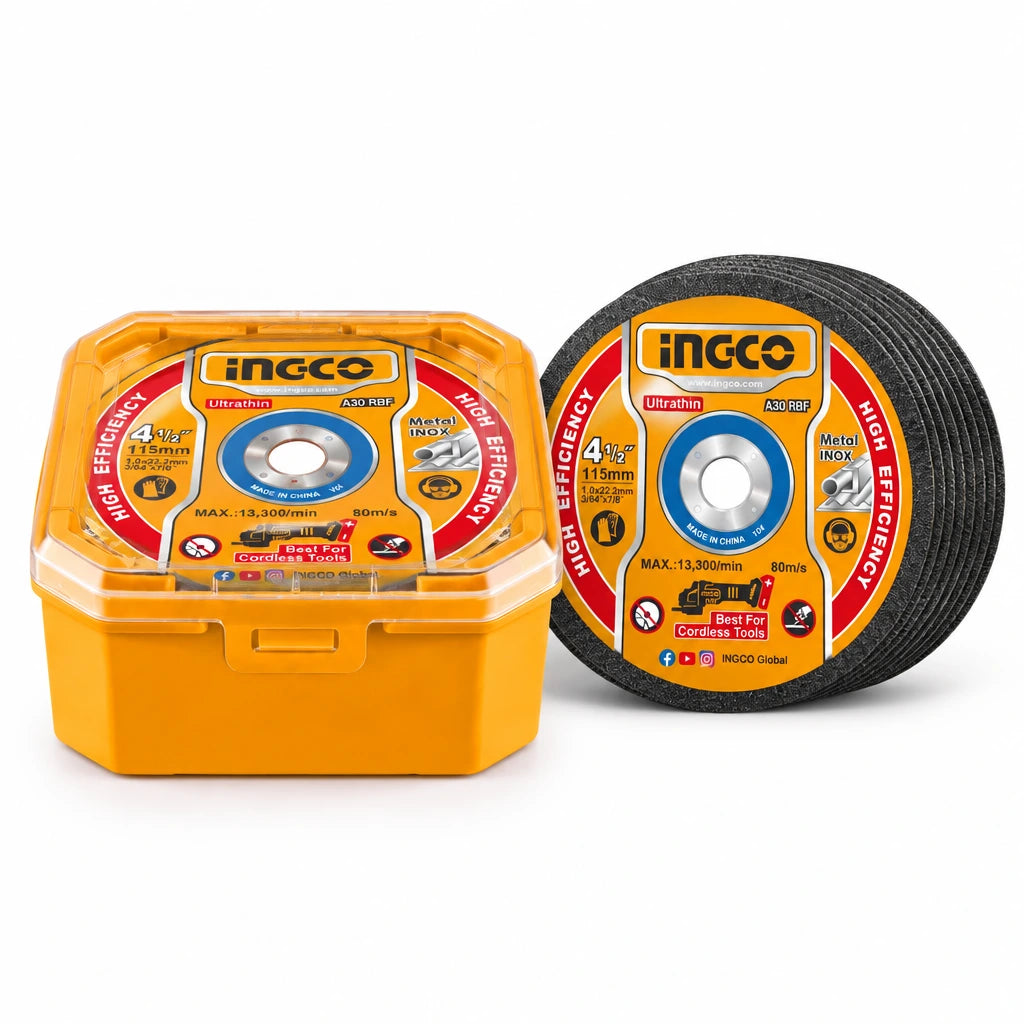 Ingco 115mm ultra-thin metal cutting disc multipack with flat abrasive discs and orange packaging on a white background.