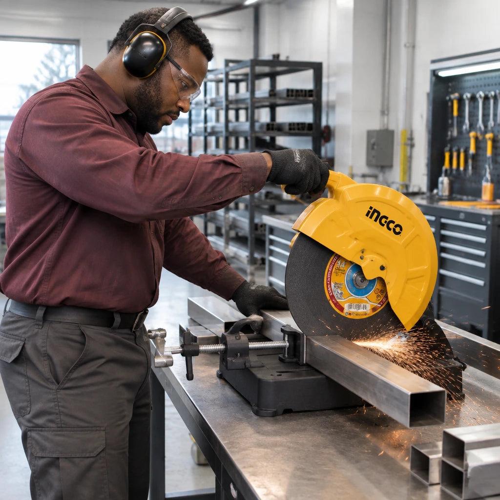 Metal-fabrication technician using an Ingco 355mm cutting disc to cut clamped stainless-steel square tube in a workshop