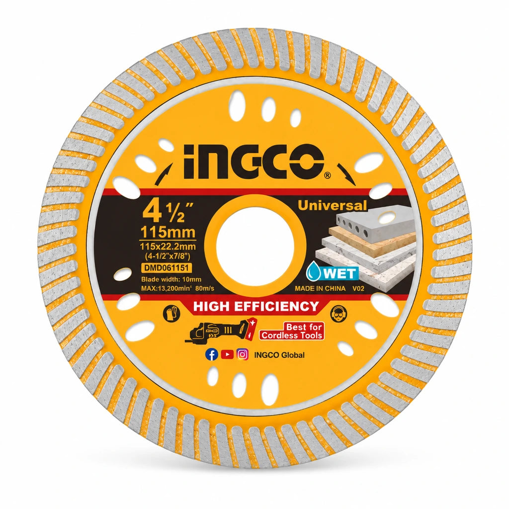 Ingco 115mm ultra-thin wet diamond cutting disc with 22.2mm bore and orange branded label on white background