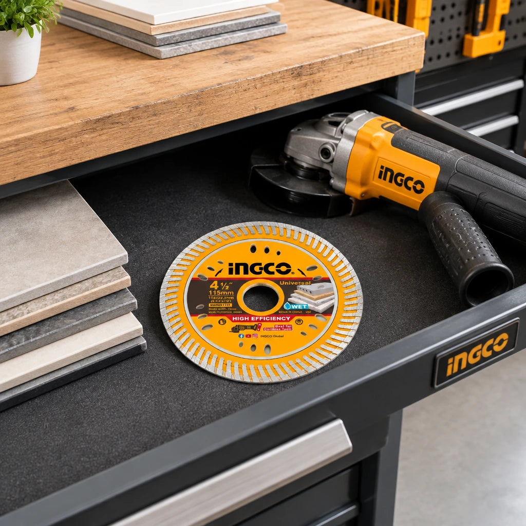 Ingco 115mm diamond cutting disc stored flat in an organised professional tile workshop