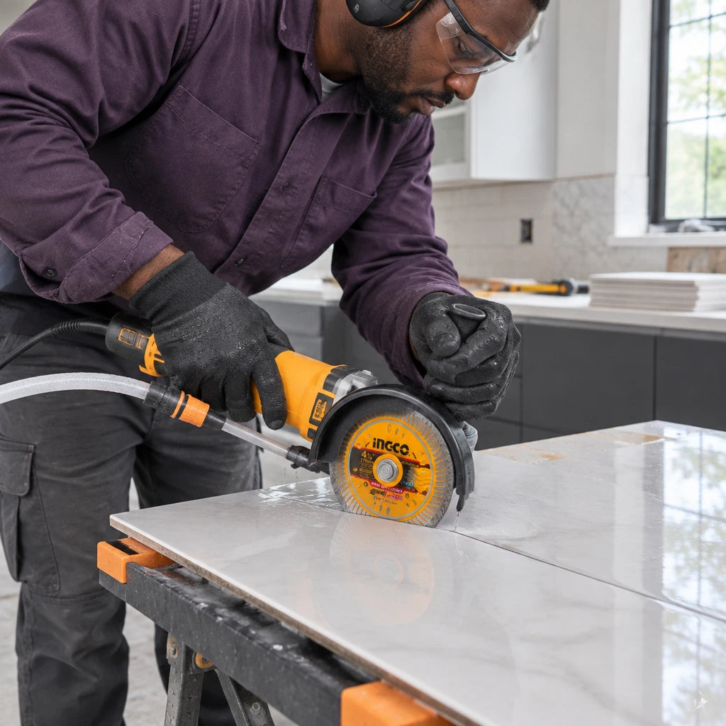 African American tile installer using an Ingco 115mm diamond disc to wet-cut a marked porcelain backsplash tile