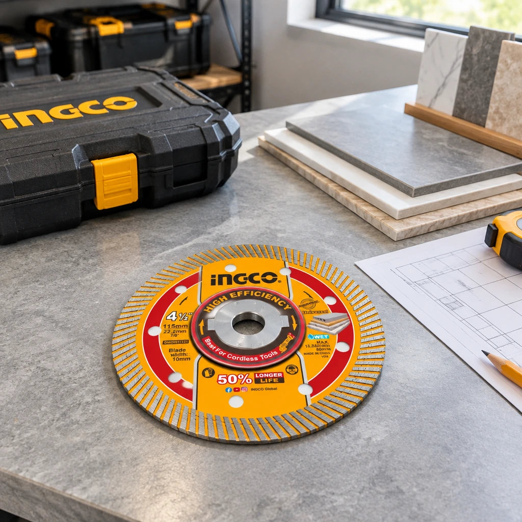 Ingco flanged diamond cutting disc resting on an organised tile installation workbench