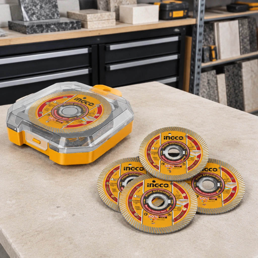 Ingco five-piece diamond disc set resting in its storage case on an organised stone fabrication workbench