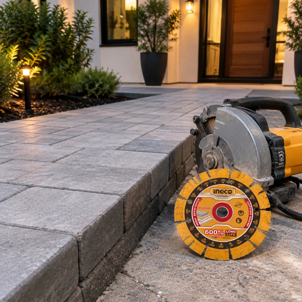 Finished courtyard paver edge with inactive compatible cutting equipment and Ingco diamond disc nearby.
