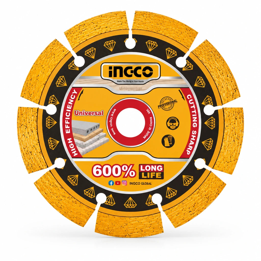 Ingco 125mm laser-welded segmented diamond cutting disc with orange rim and 22.2mm bore on a white background.