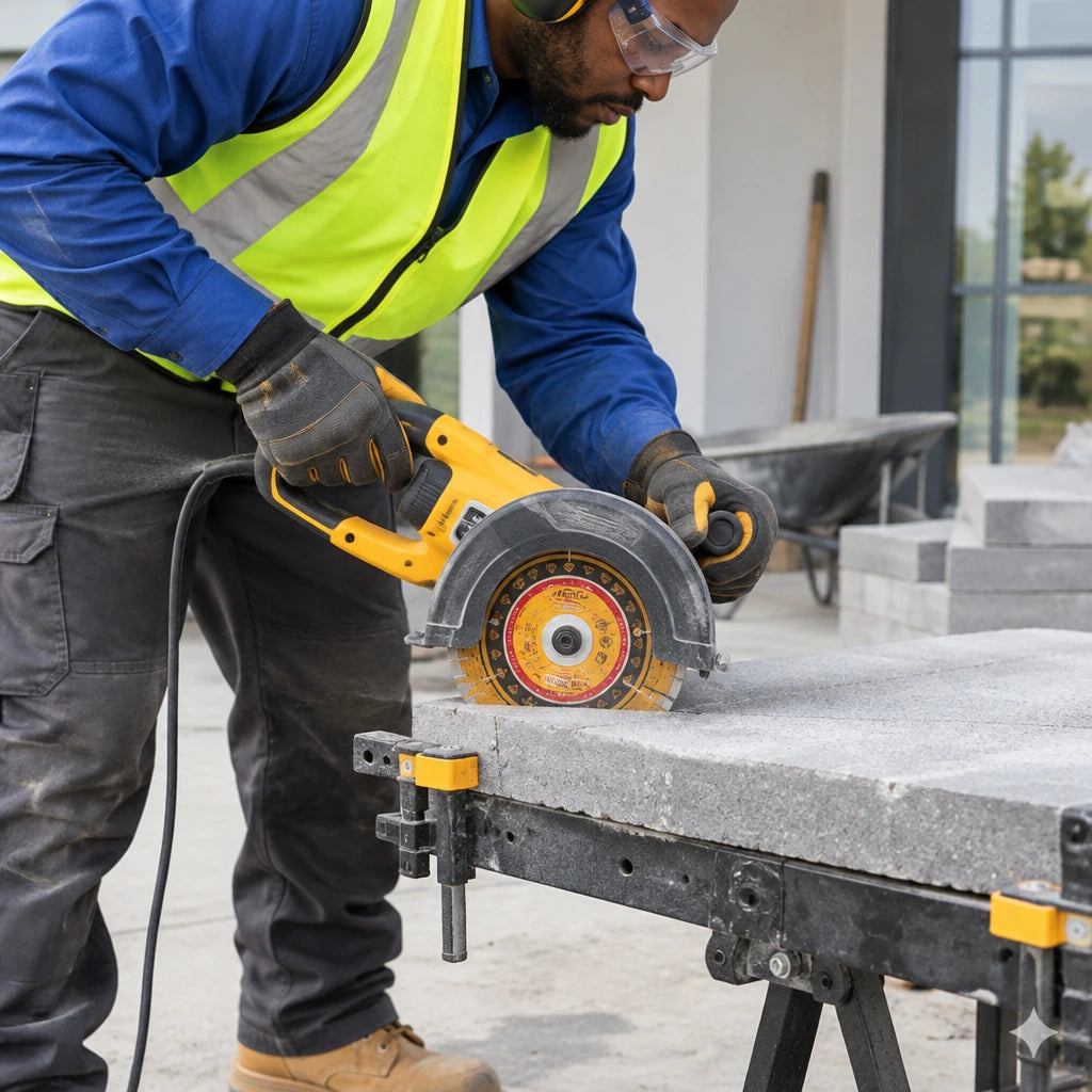 African American masonry worker using compatible cutting equipment fitted with an Ingco 125mm diamond disc to cut a supported concrete paver.