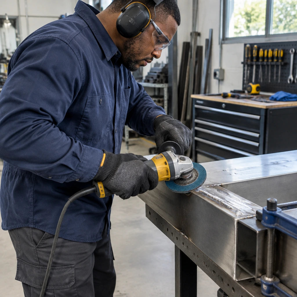 African American metal technician using an Ingco FDZ1151 P40 flap disc on a stainless-steel weld in a fabrication workshop