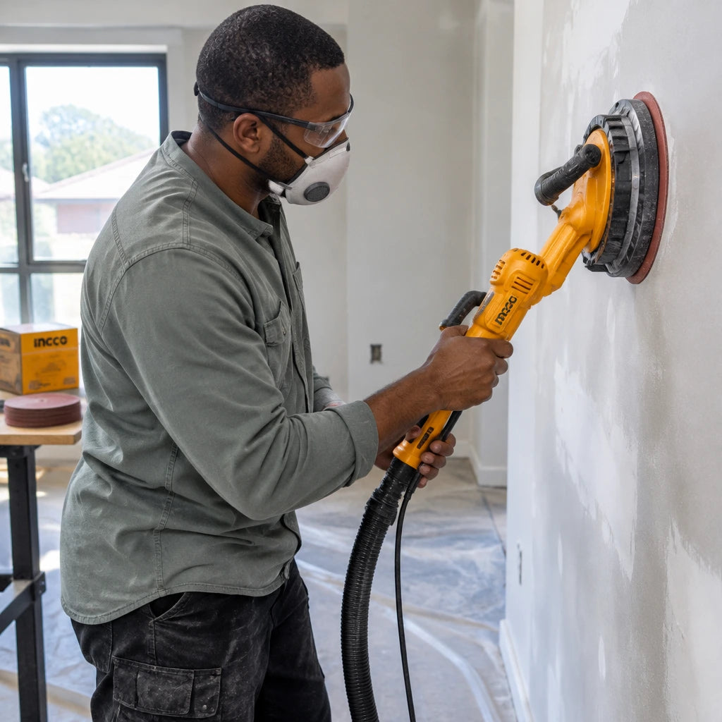 African American drywall finisher using a compatible sander with an Ingco 180mm hook-and-loop disc on a skim-coated wall