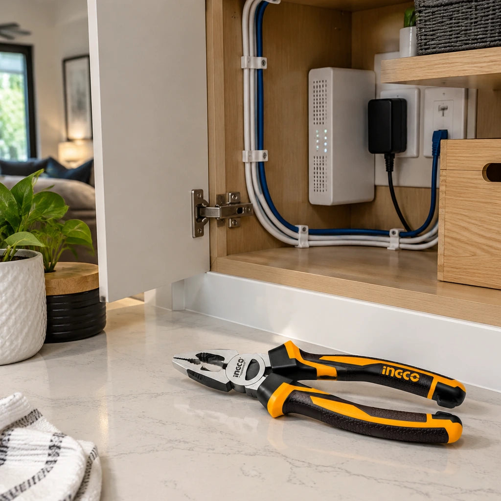 Tidy home utility cabinet after wire maintenance with Ingco 6-inch combination pliers resting nearby