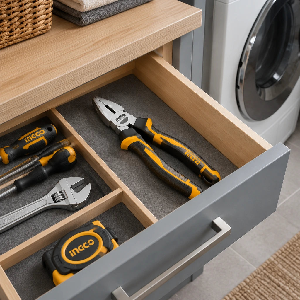 Ingco 6-inch combination pliers stored in an organised contemporary home utility drawer