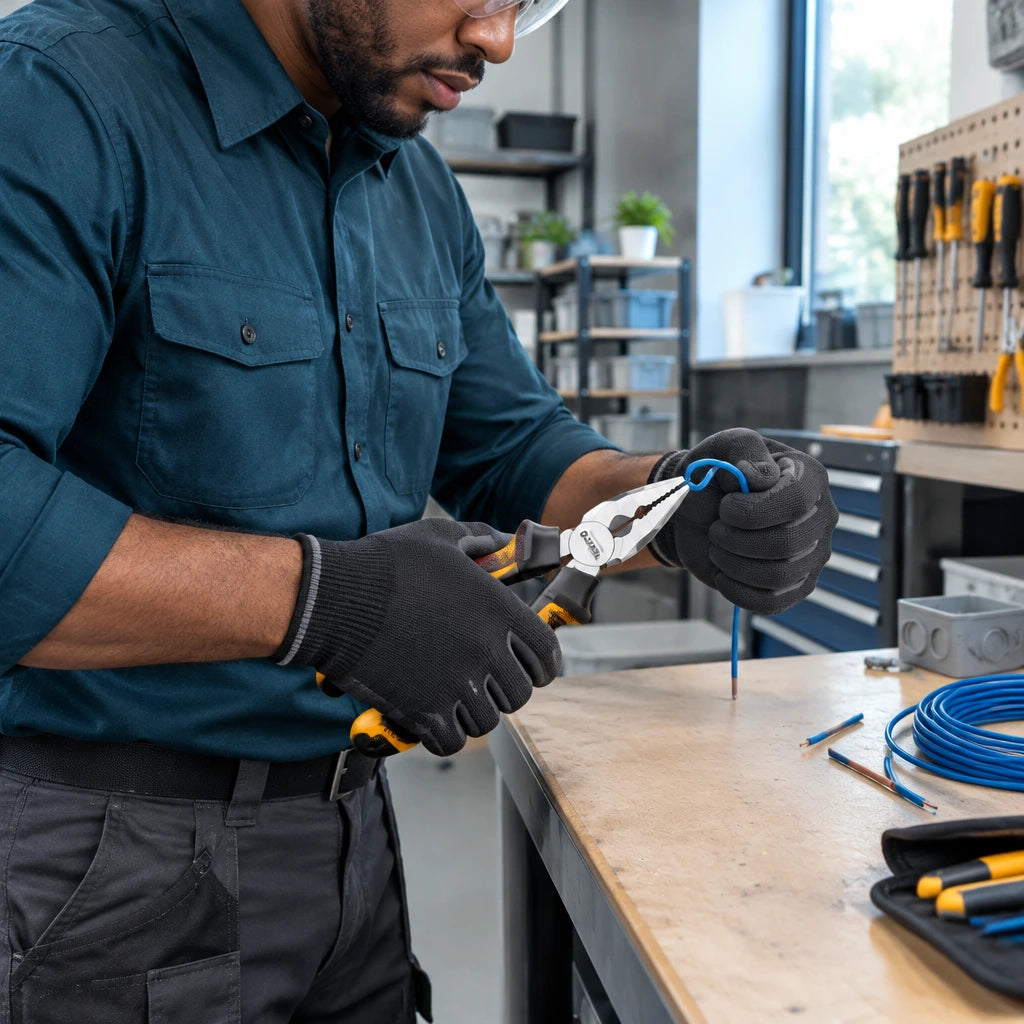 African American maintenance technician bending a small wire with Ingco 6-inch combination pliers at an organised service bench.