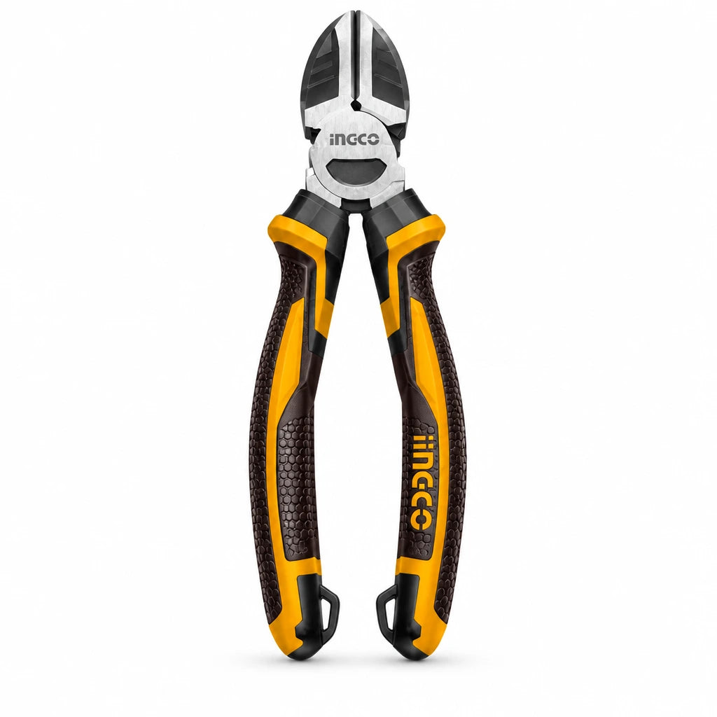 Ingco HHLDCP28168 6-inch Cr-V high-leverage diagonal pliers with black and yellow TPR handles on white