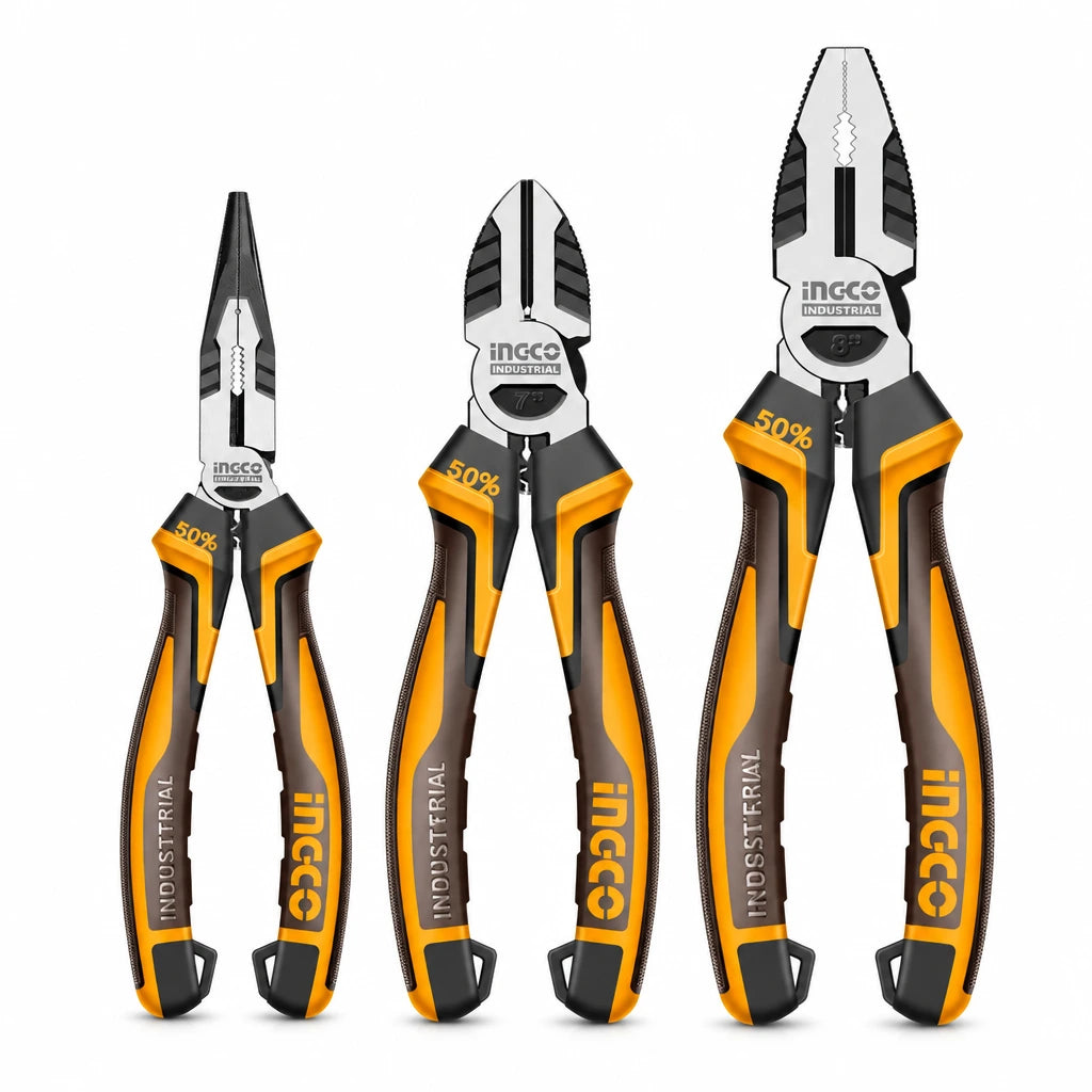 Ingco HKHLPS2838 three-piece Cr-V pliers set with combination, diagonal cutting and long-nose pliers on white