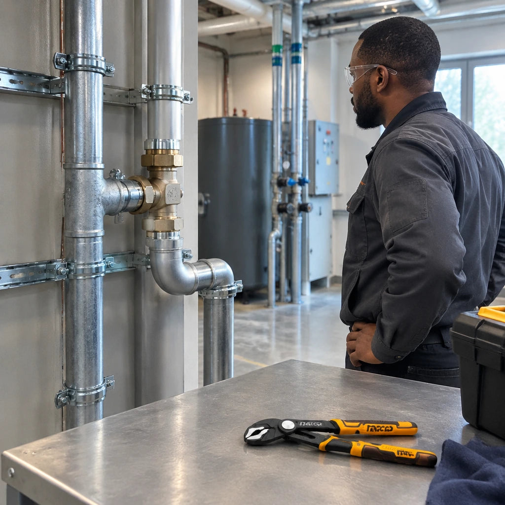 Completed plant-room fitting with Ingco HPP38258 pump pliers resting on the nearby maintenance bench