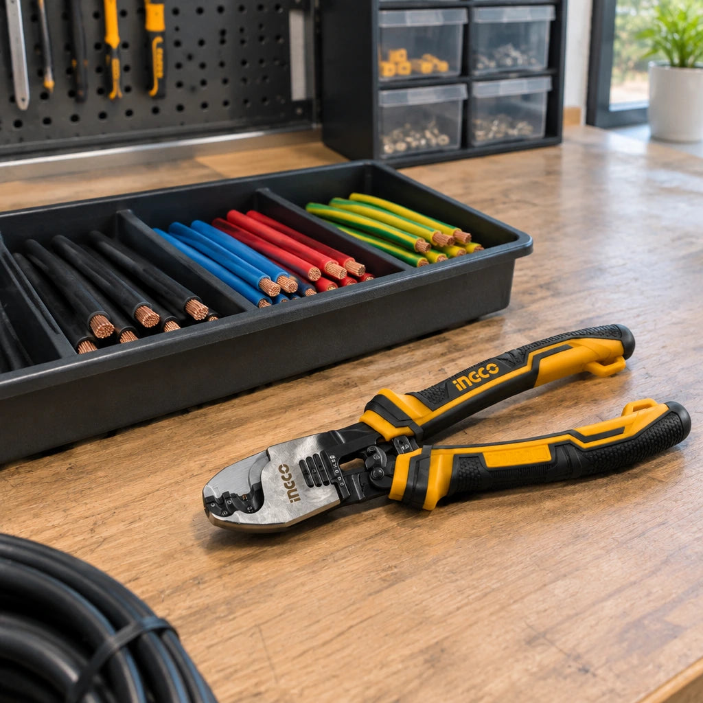 Prepared cable lengths arranged beside an Ingco HCCB0208 cable cutter on an electrical workbench
