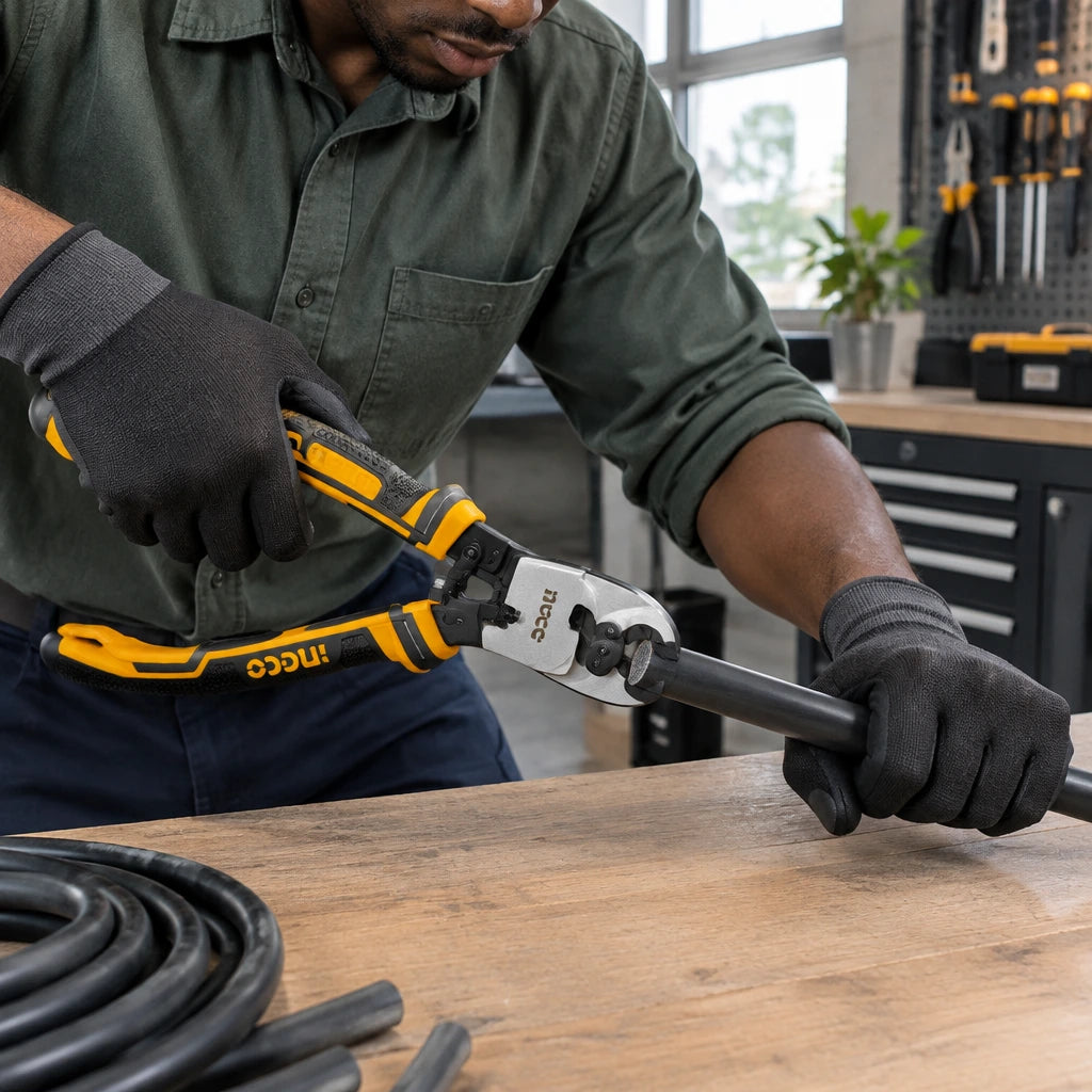 Electrician using an Ingco HCCB0208 manual cable cutter to shorten isolated cable on a workbench