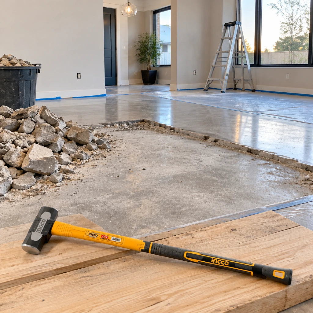 Cleared renovation floor section with the Ingco HSM81498 sledgehammer resting nearby
