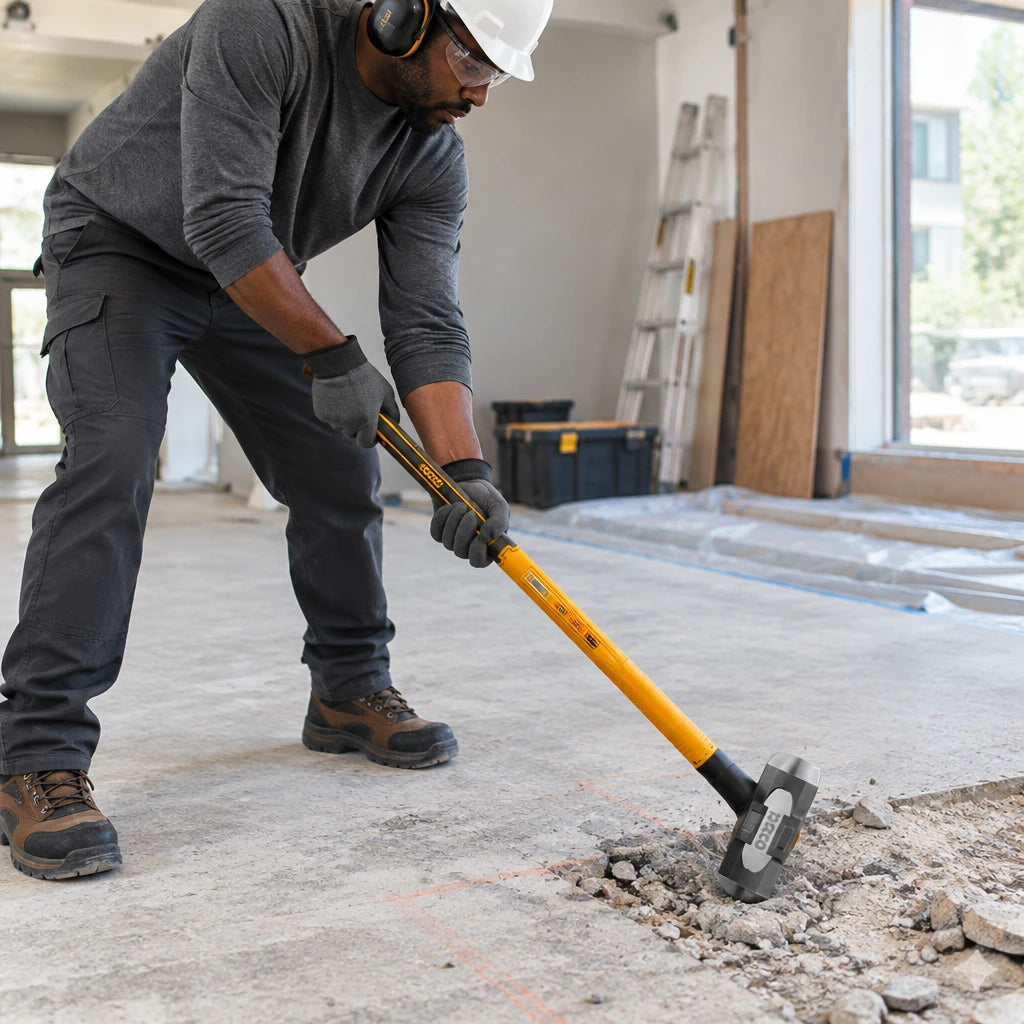 African American construction worker using an Ingco 10 lb sledgehammer to break a small concrete floor section