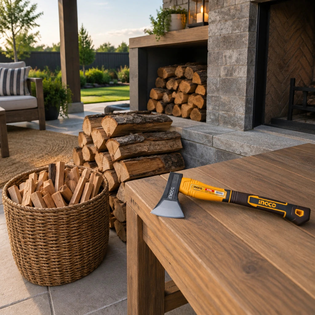 Prepared kindling and small firewood with an Ingco HAX081600 axe resting on a covered patio bench