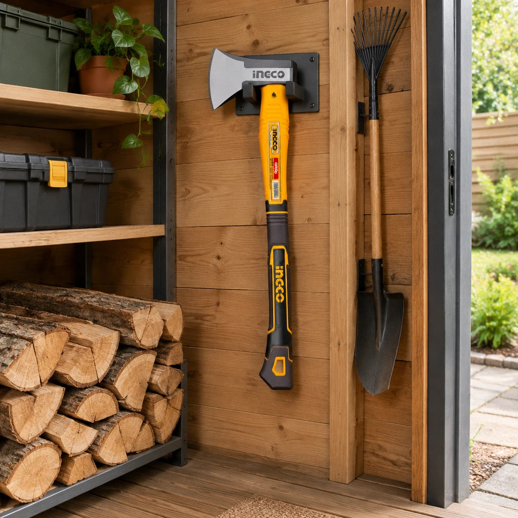 Ingco HAX081600 axe resting in an organised garden shed beside neatly stacked small firewood