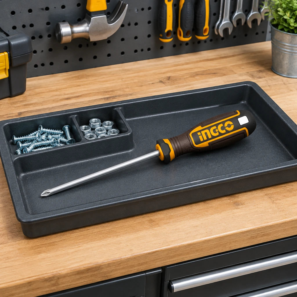 Ingco PH1 screwdriver resting in an organised maintenance workshop tool tray