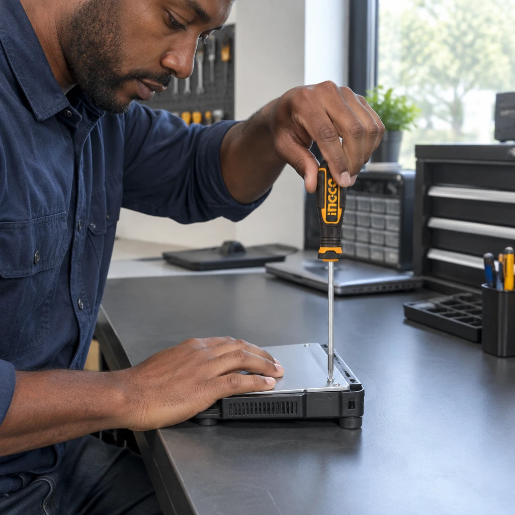 African American maintenance technician tightening a compatible Phillips screw with an Ingco PH1 screwdriver at a repair bench