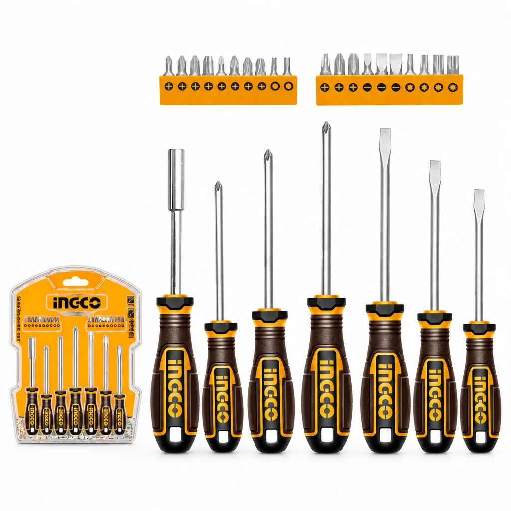 Ingco HKSDS2728 27-piece S2 screwdriver and bit set arranged on a white background.