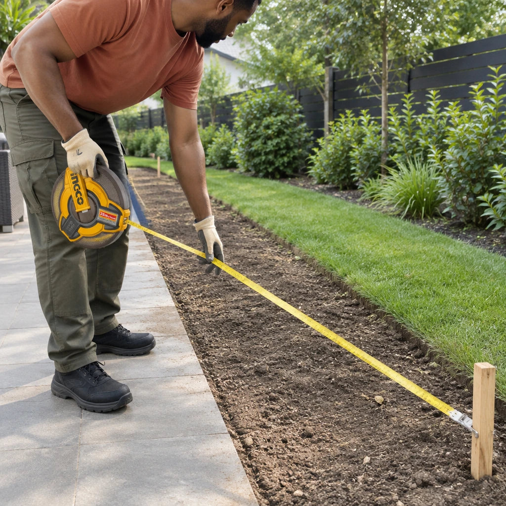 African American landscape installer using an Ingco 20m fibreglass tape to measure a garden bed boundary