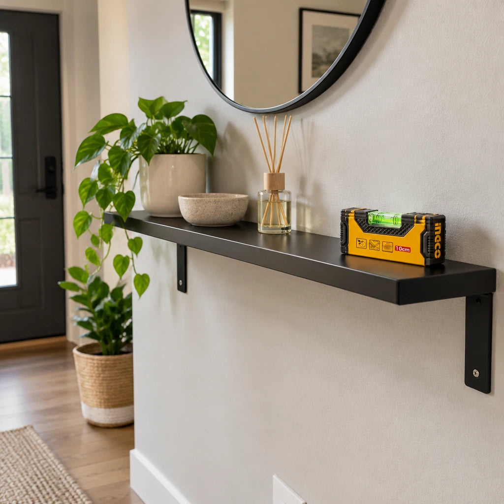 Finished level steel entryway shelf with Ingco HMSL05101 magnetic hand level resting nearby