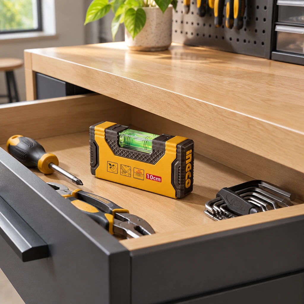 Ingco 10cm magnetic hand level resting in an organized contemporary home utility workshop drawer