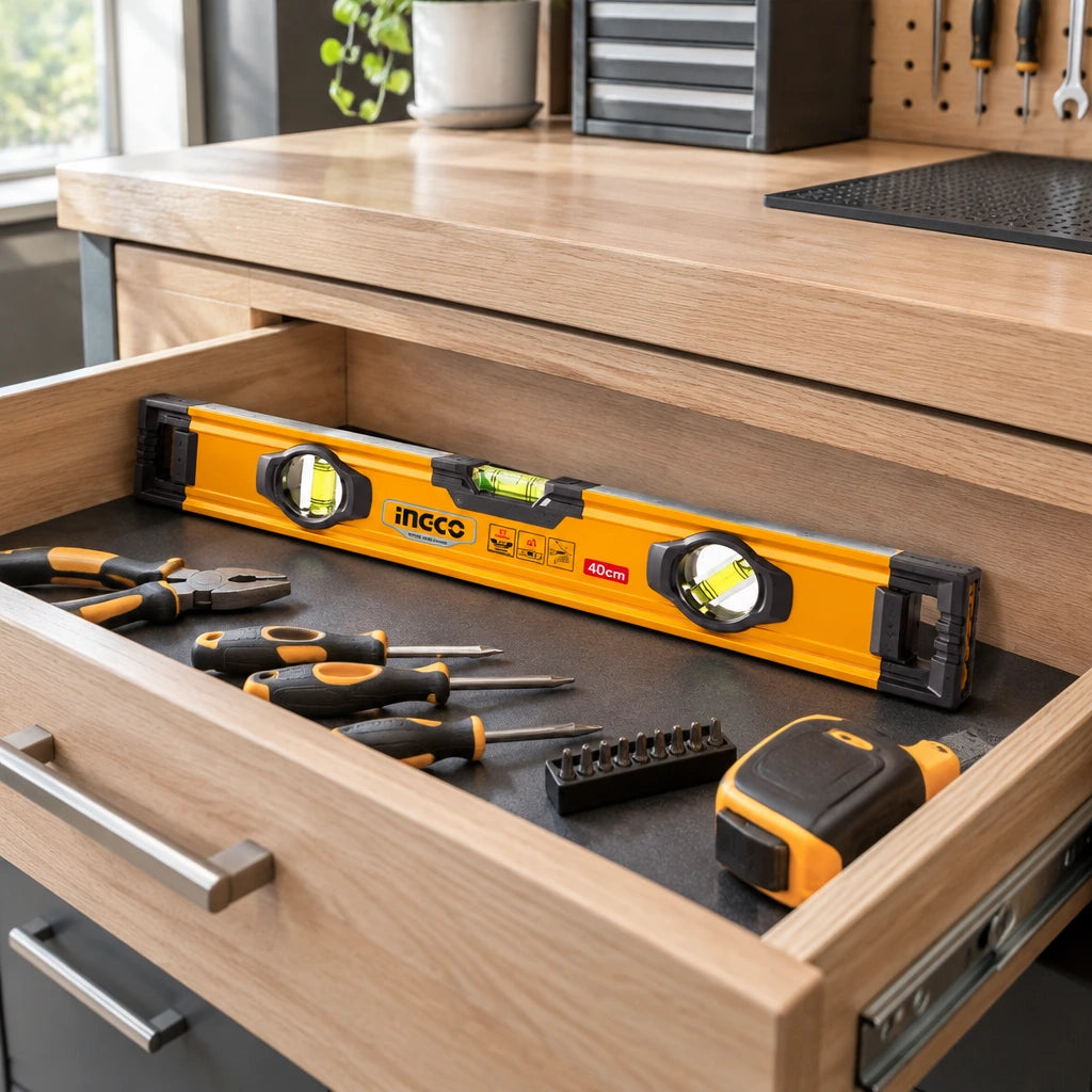 40cm Ingco aluminium spirit level stored in an organised home workshop drawer