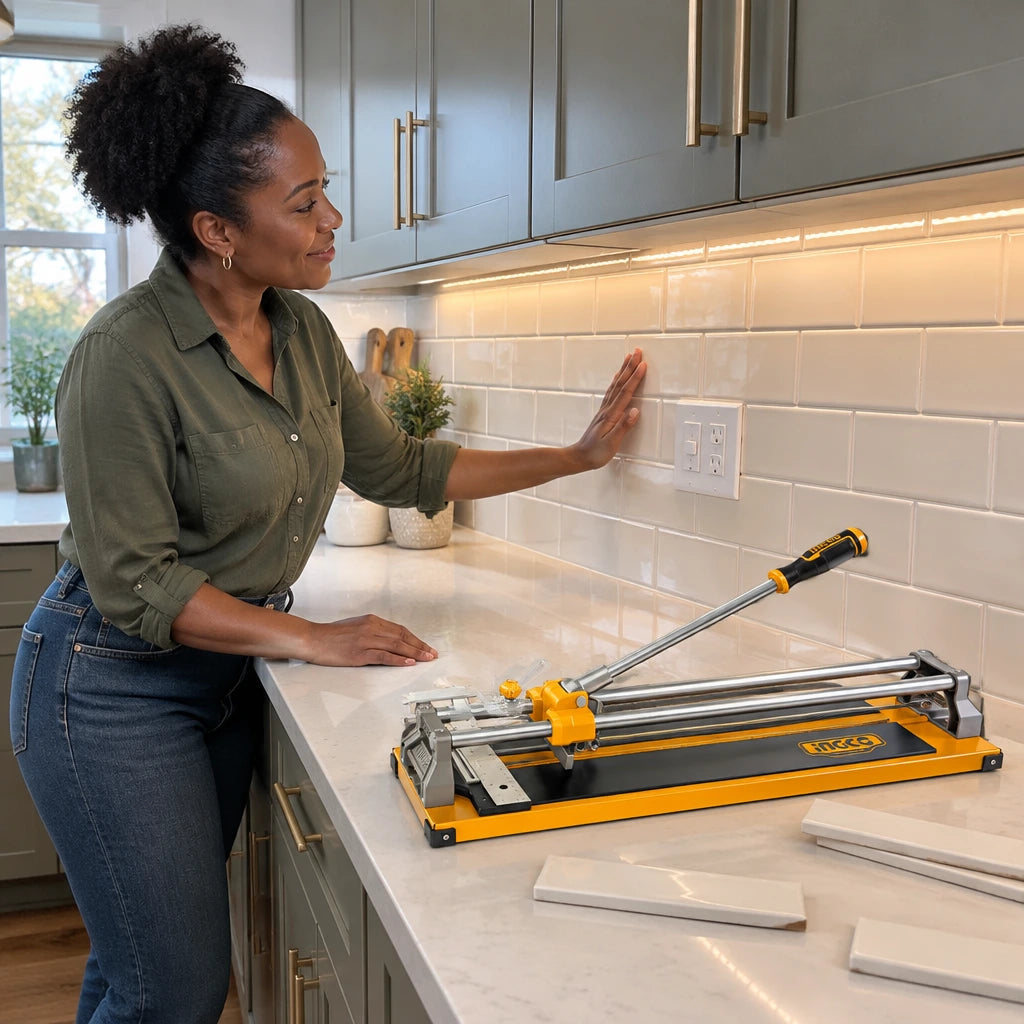 Completed ceramic kitchen backsplash with an Ingco manual tile cutter resting nearby