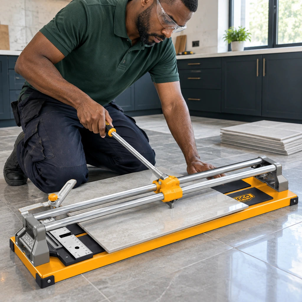 Tile installer scoring a ceramic floor tile with an Ingco 600mm manual cutter in a kitchen renovation workspace
