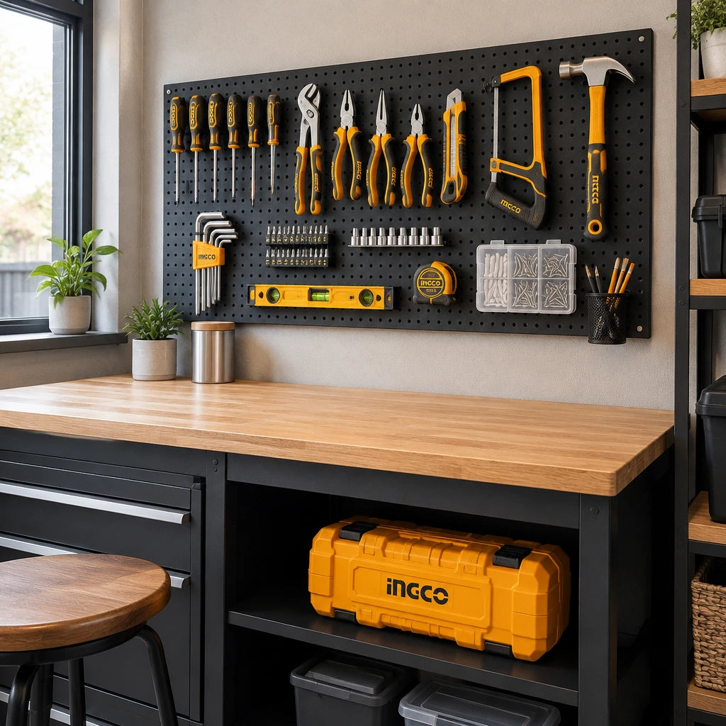 Completed organized pegboard and closed Ingco HKTHP51758 tool case in a contemporary home maker room.