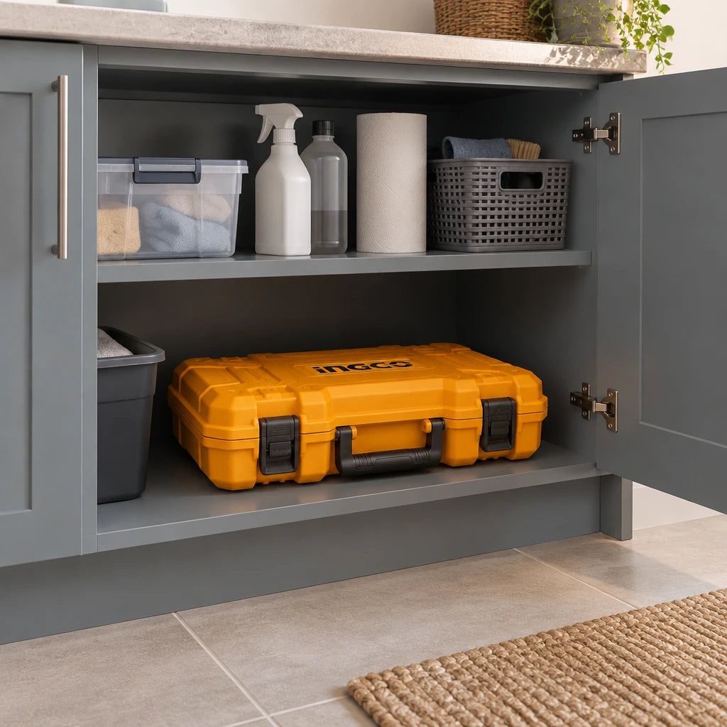 Closed Ingco HKTHP51758 hand tool case stored on a cabinet shelf in a contemporary home utility room.