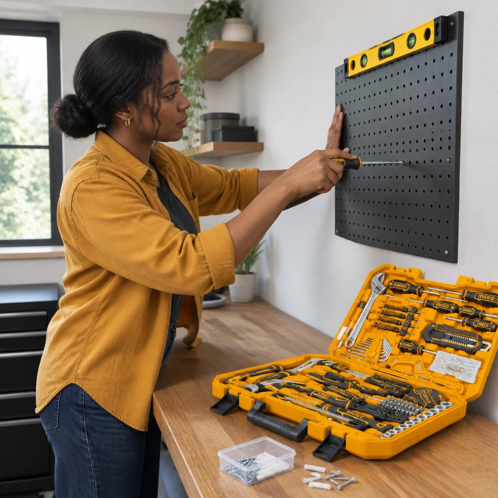 African American homeowner uses an Ingco HKTHP51758 screwdriver and spirit level to mount a pegboard panel.