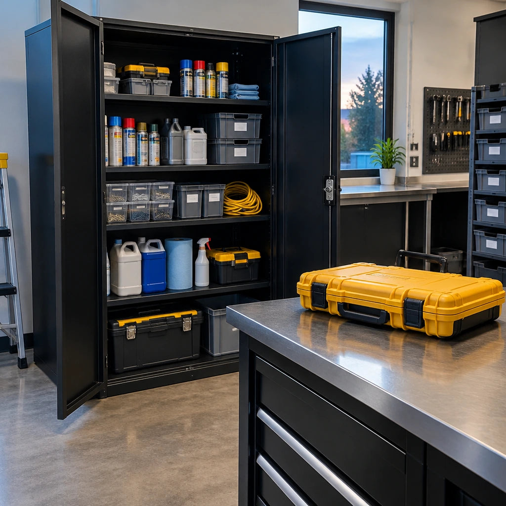Completed metal storage cabinet in an organized facilities room with the closed yellow Ingco HKTHP21391 tool case nearby.