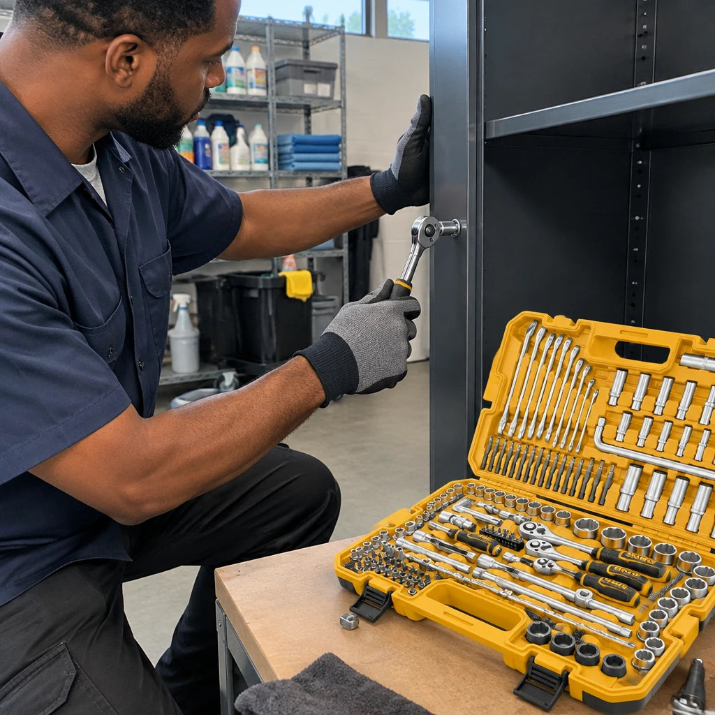 African American facilities technician using an Ingco HKTHP21391 ratchet and socket to assemble a metal storage cabinet.