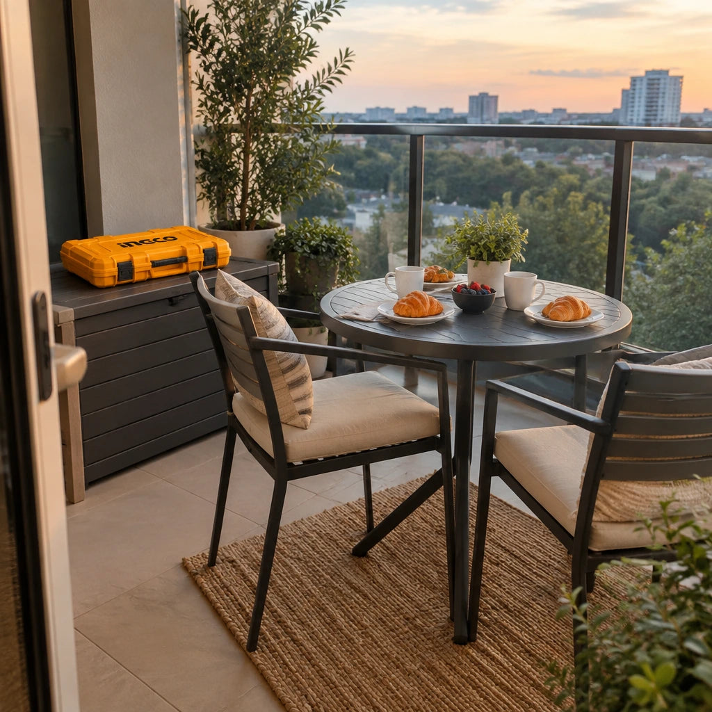 Completed metal bistro table on an apartment balcony with the closed Ingco HKTHP51498 tool set nearby.