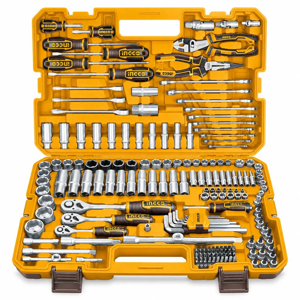 Open Ingco HKTHP51828 182-piece combination tool set in its yellow molded case on a white background.