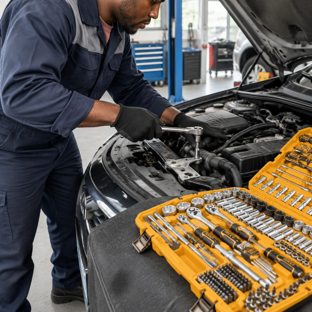 African American vehicle technician using an Ingco HKTHP51828 ratchet and socket on an engine-bay fastener.