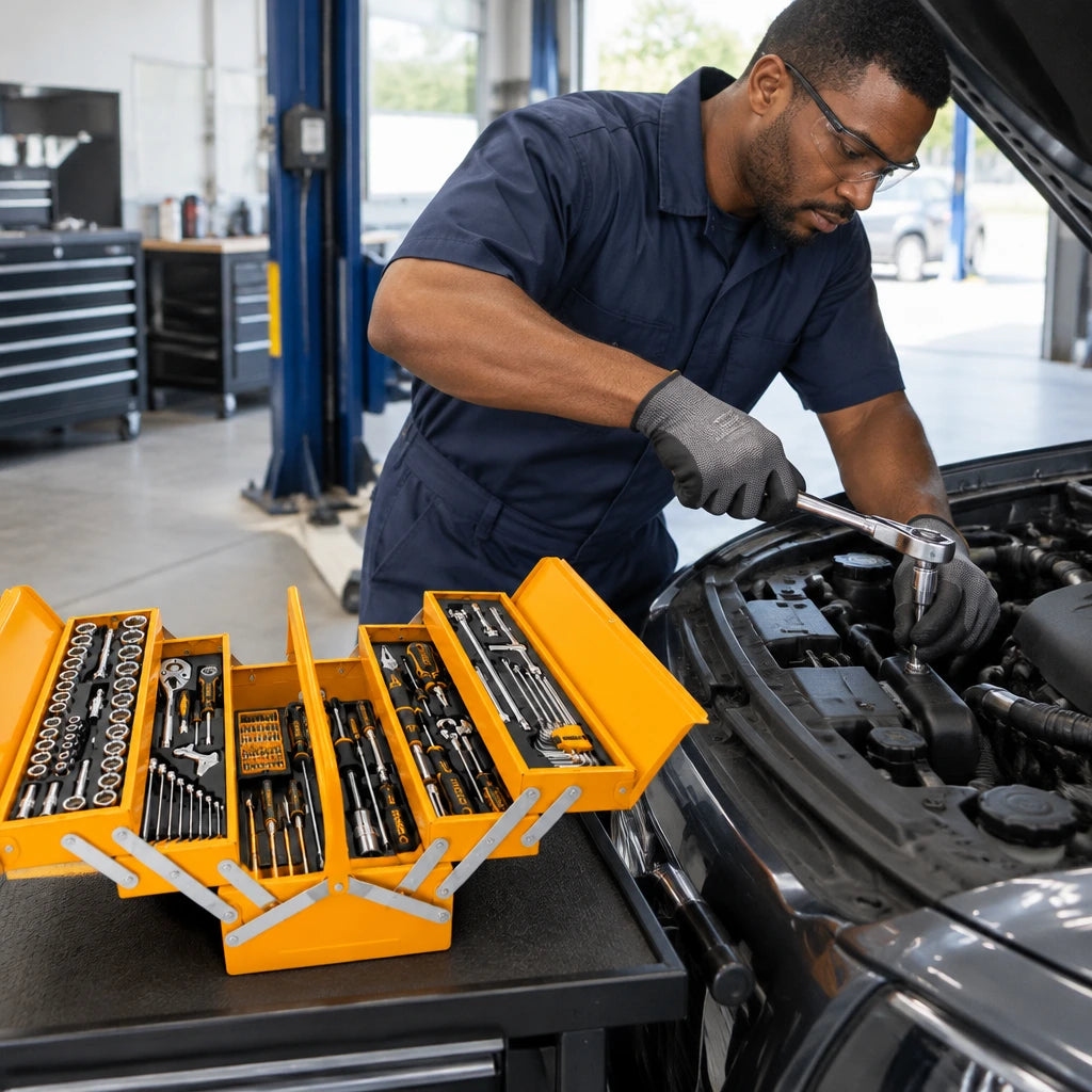 African American mechanic using an Ingco HTCS261168 ratchet on a vehicle fastener beside the open tool chest